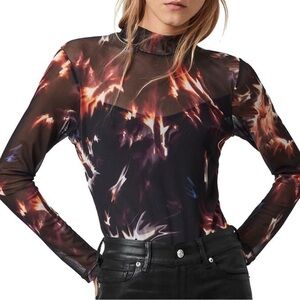 ALLSAINTS Long Sleeve Flames Elia Mesh Bodysuit Semi Sheer
